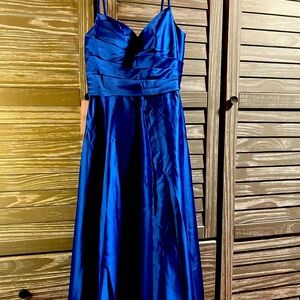 A-line V-neck Tea-length Satin Bridesmaid Dress in Royal Blue, size 8